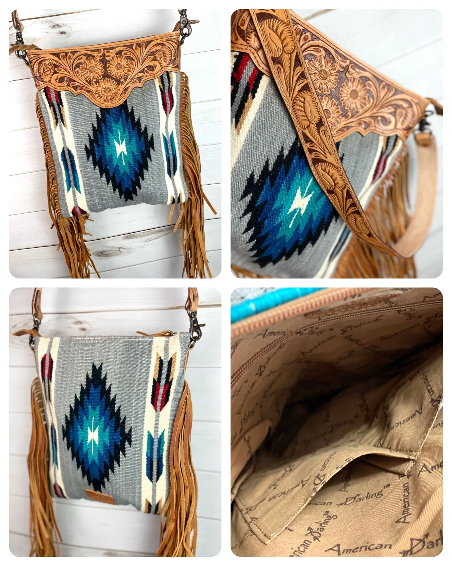 Grey & Blue Diamond Wool Leather Tooled Fringe Handbag