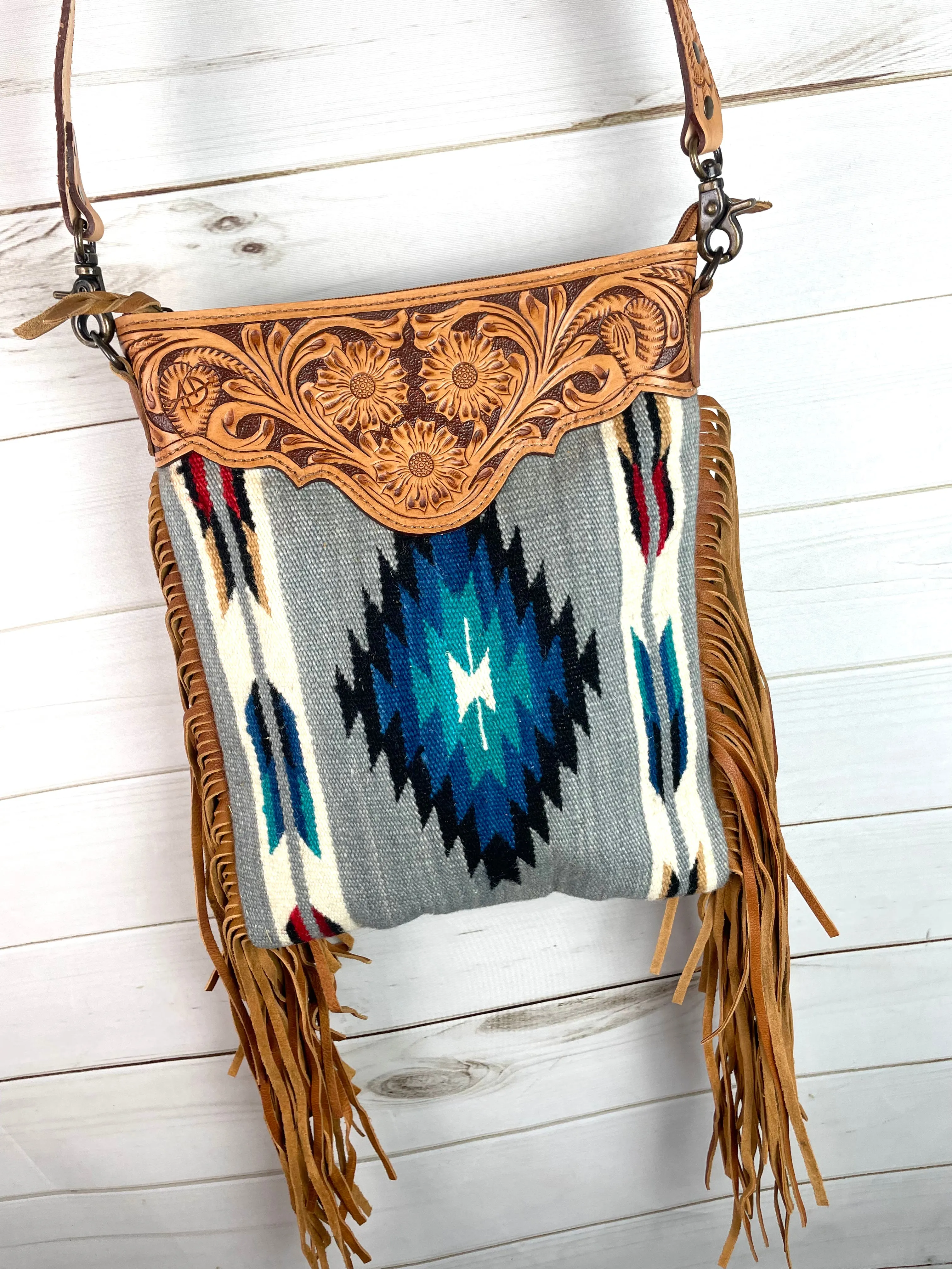 Grey & Blue Diamond Wool Leather Tooled Fringe Handbag
