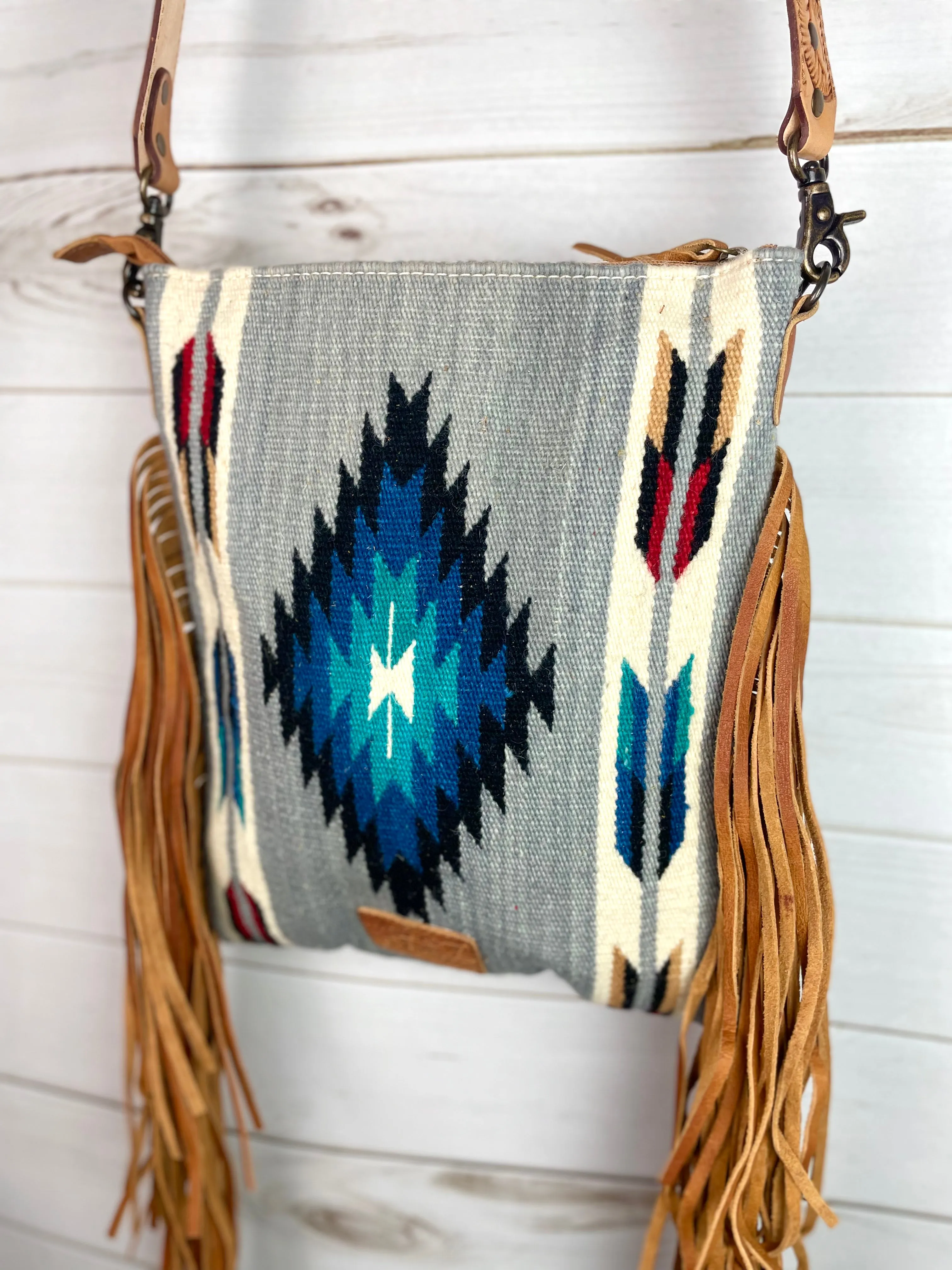 Grey & Blue Diamond Wool Leather Tooled Fringe Handbag