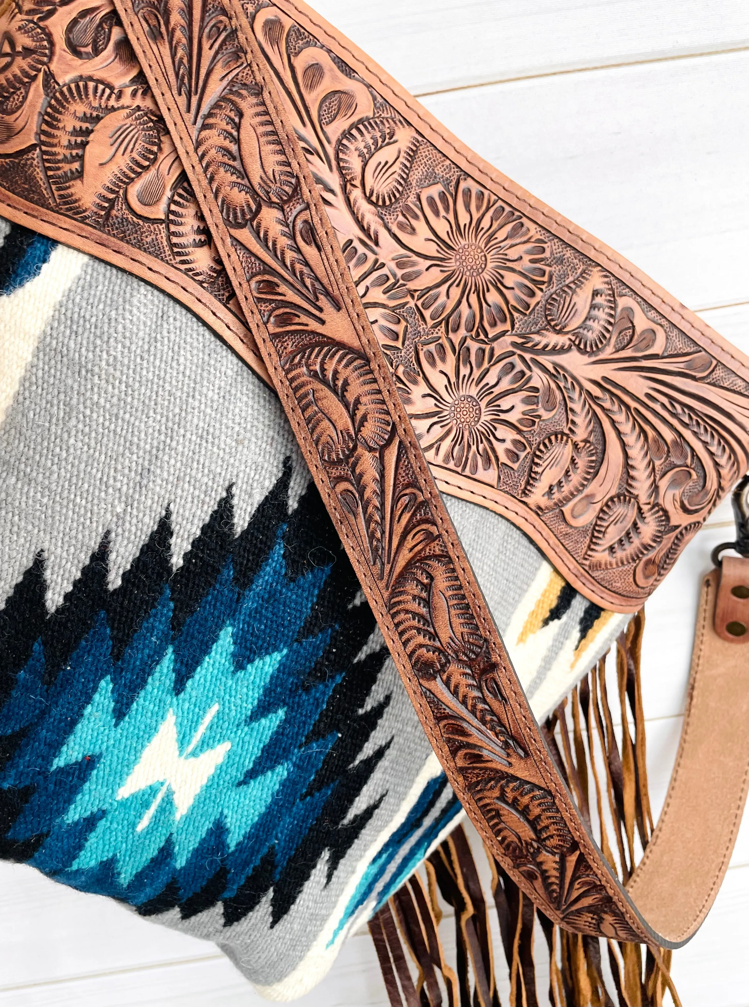 Grey & Blue Diamond Wool Leather Tooled Fringe Handbag