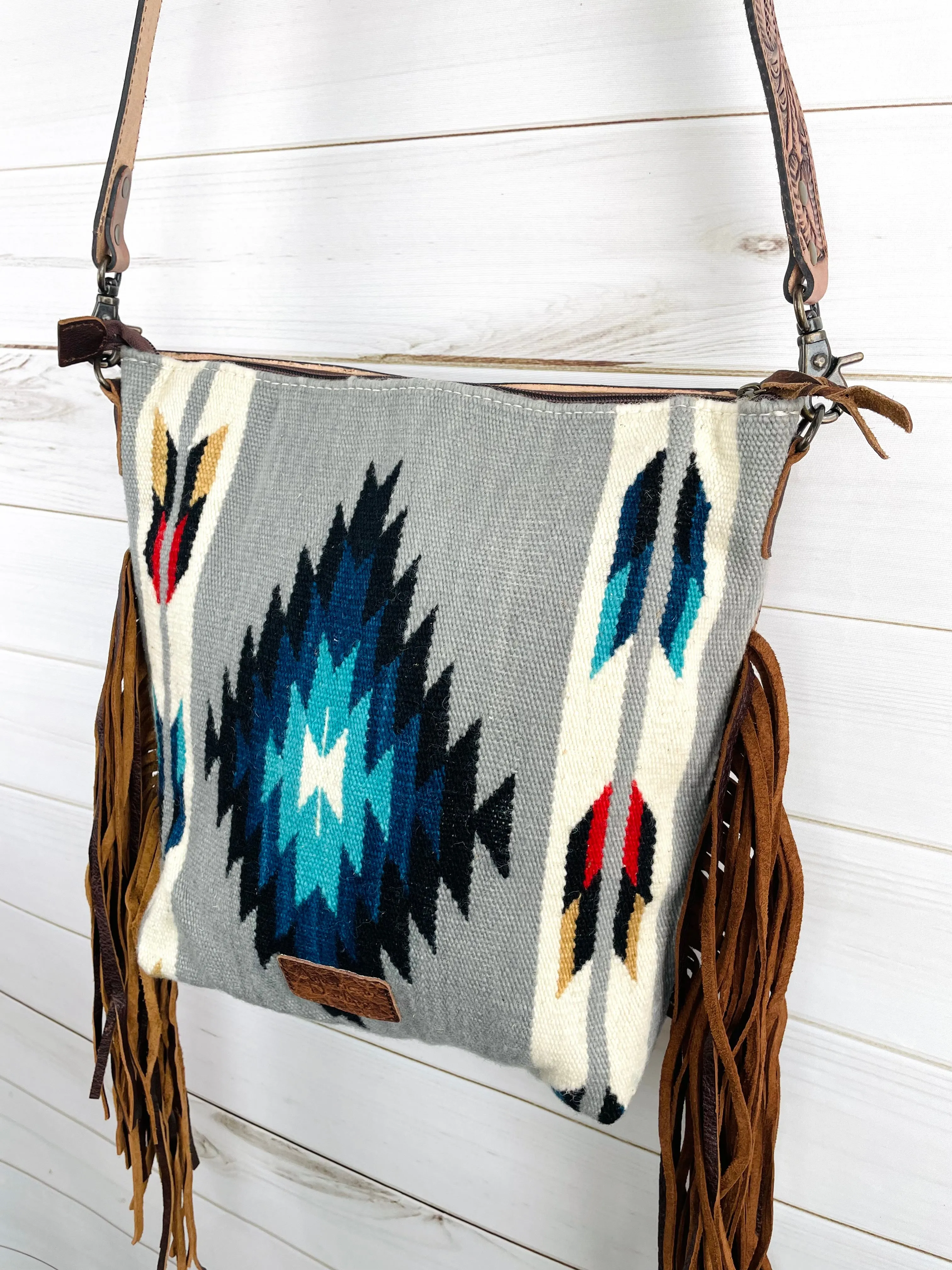 Grey & Blue Diamond Wool Leather Tooled Fringe Handbag