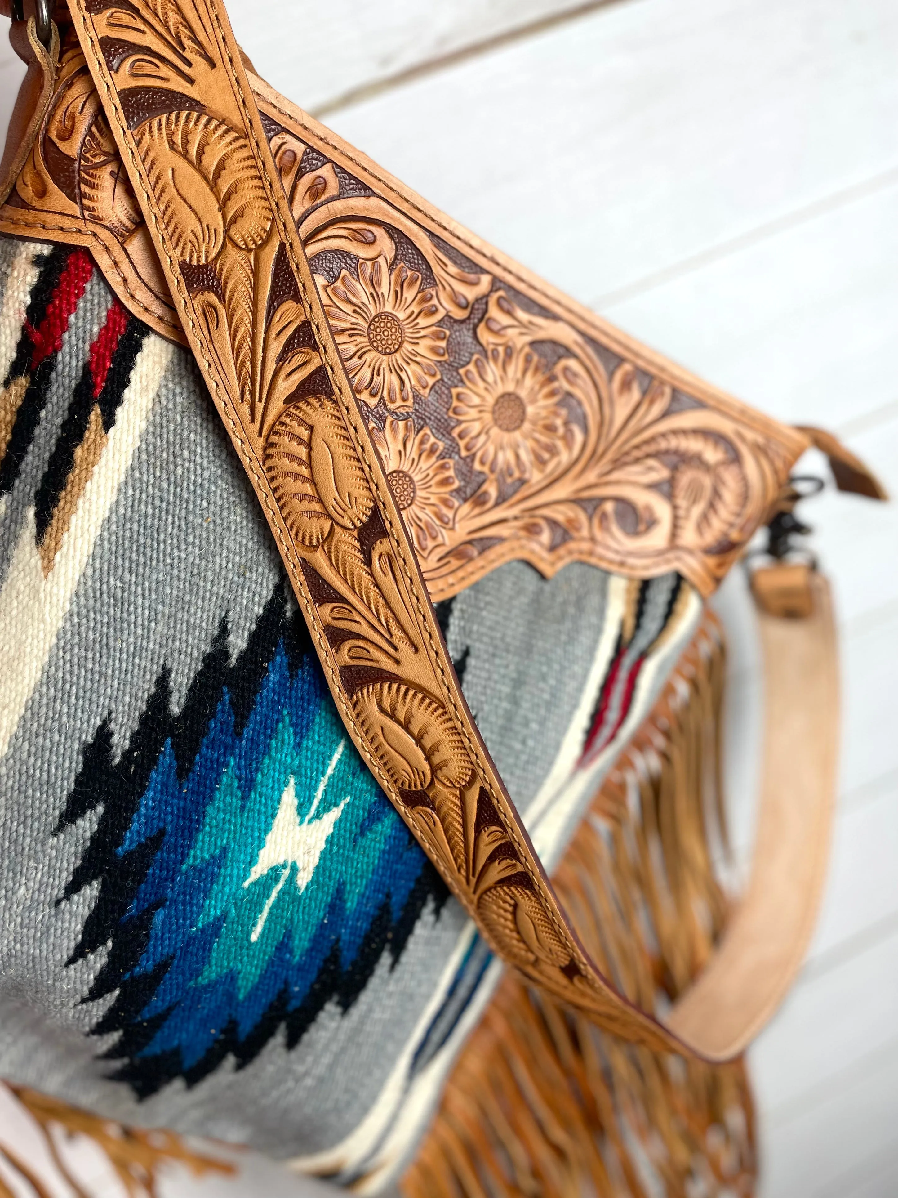 Grey & Blue Diamond Wool Leather Tooled Fringe Handbag