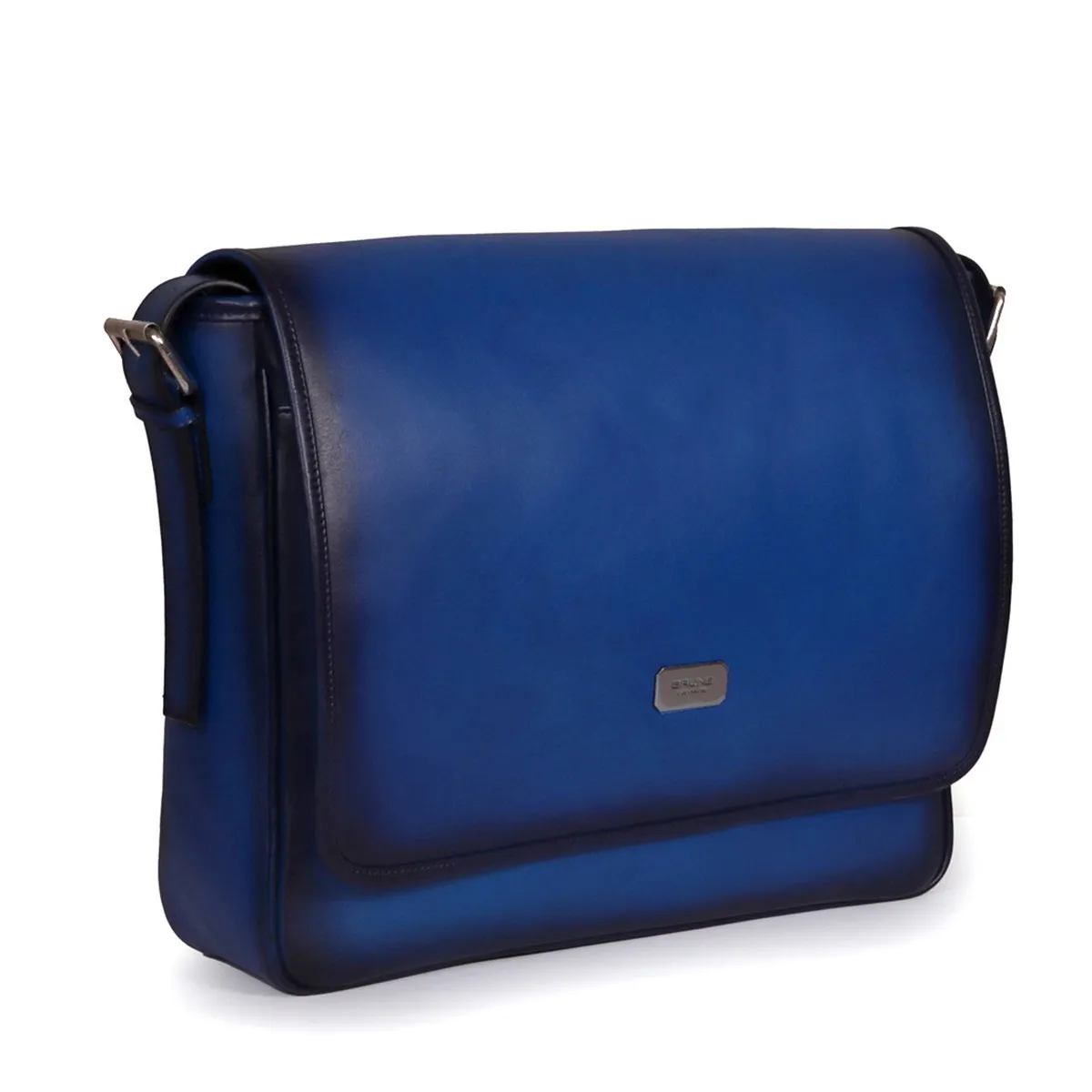 Hand-Painted Blue Leather Flap-Over Silver Finish Messenger Bag By Brune & Bareskin