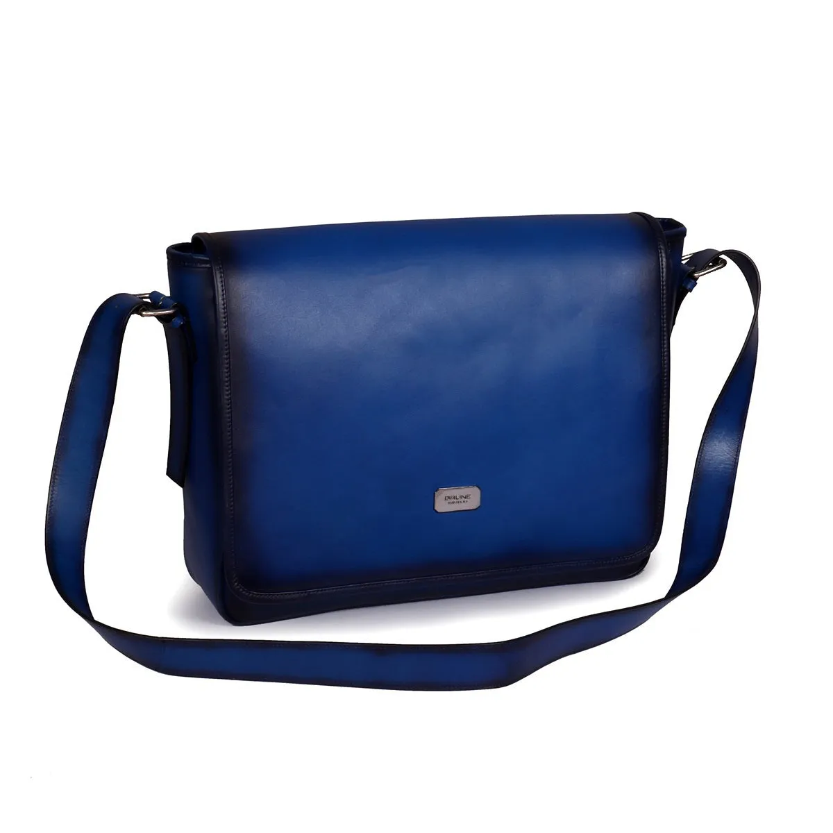 Hand-Painted Blue Leather Flap-Over Silver Finish Messenger Bag By Brune & Bareskin