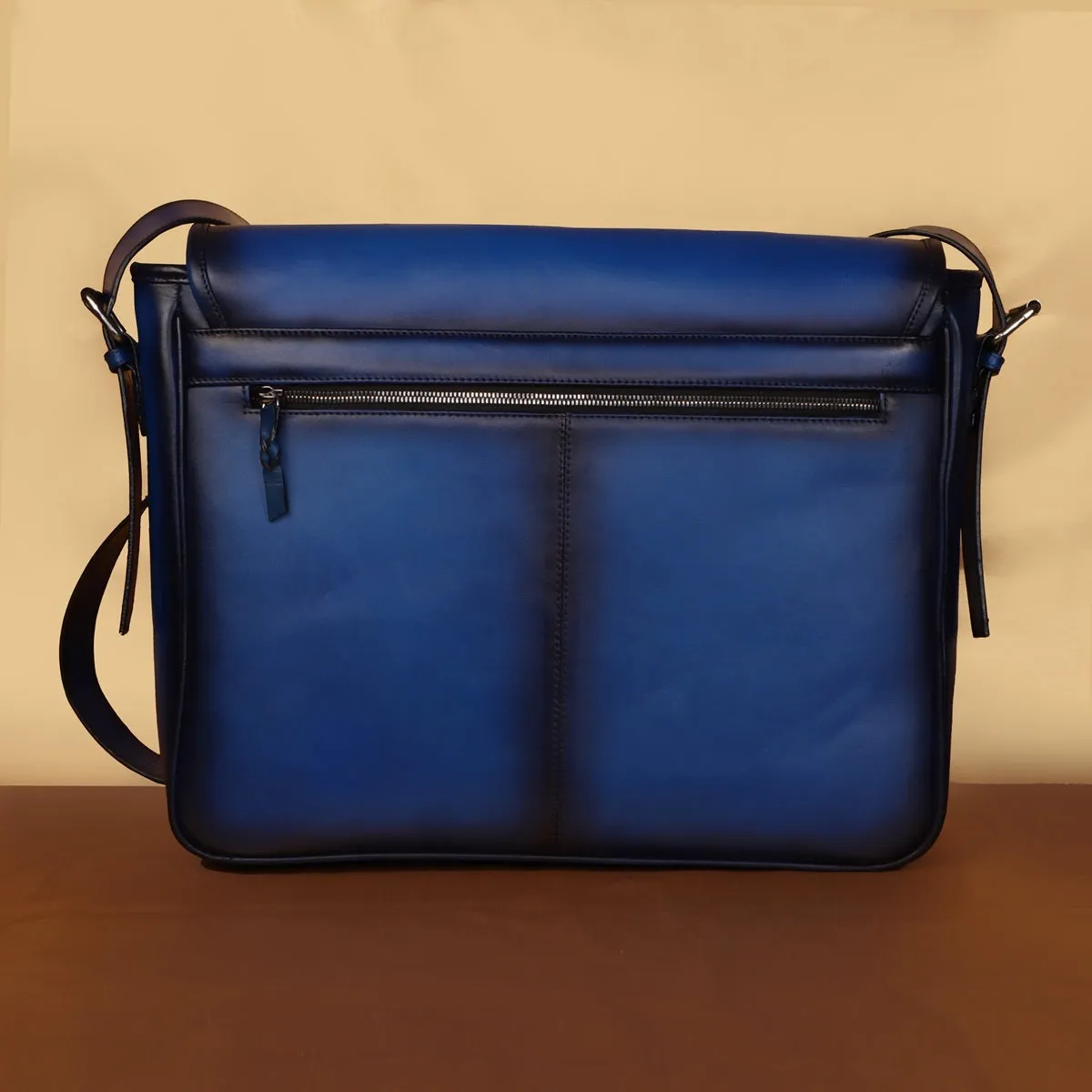 Hand-Painted Blue Leather Flap-Over Silver Finish Messenger Bag By Brune & Bareskin
