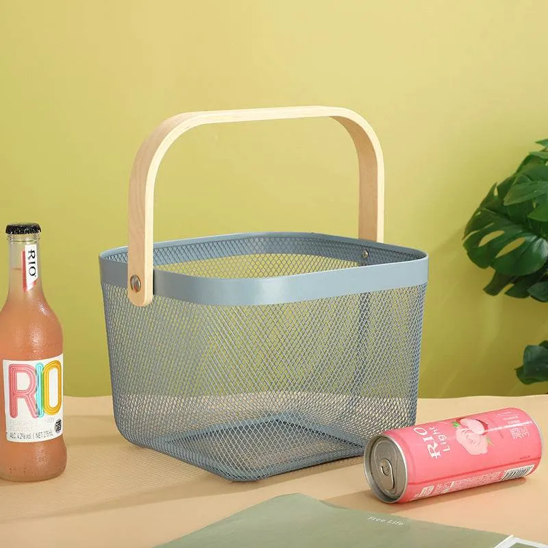 Iron Portable Storage Basket Wooden Handle