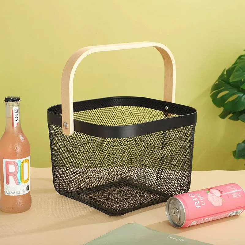 Iron Portable Storage Basket Wooden Handle