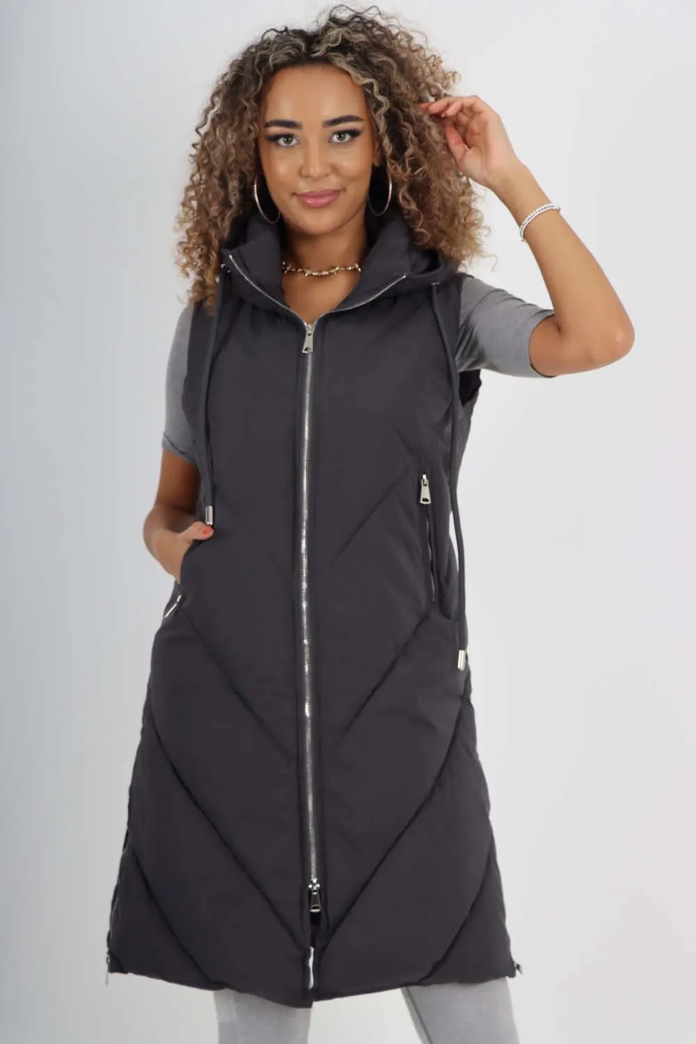 Italian Padded Pockets Hooded Zip up Long Gilet