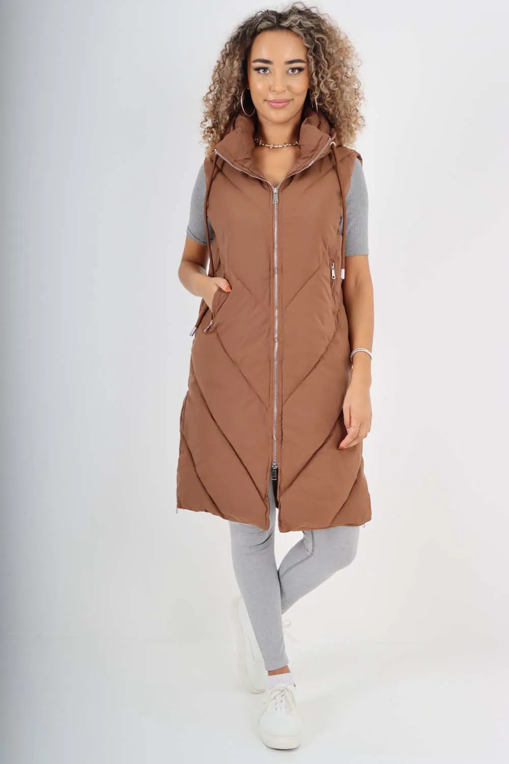 Italian Padded Pockets Hooded Zip up Long Gilet