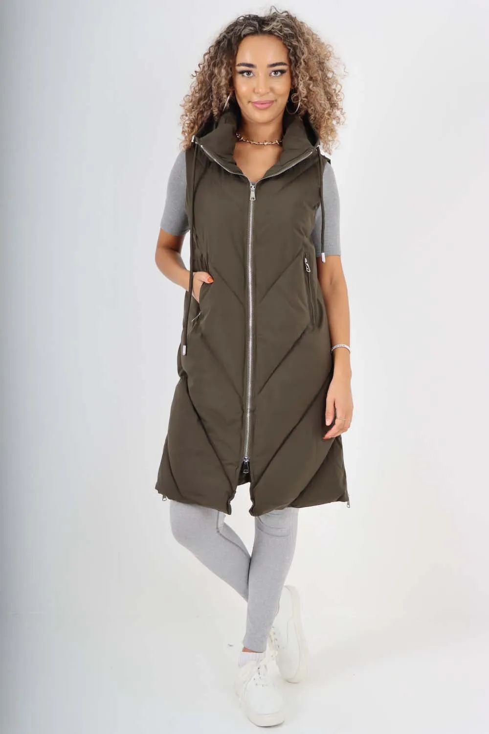 Italian Padded Pockets Hooded Zip up Long Gilet