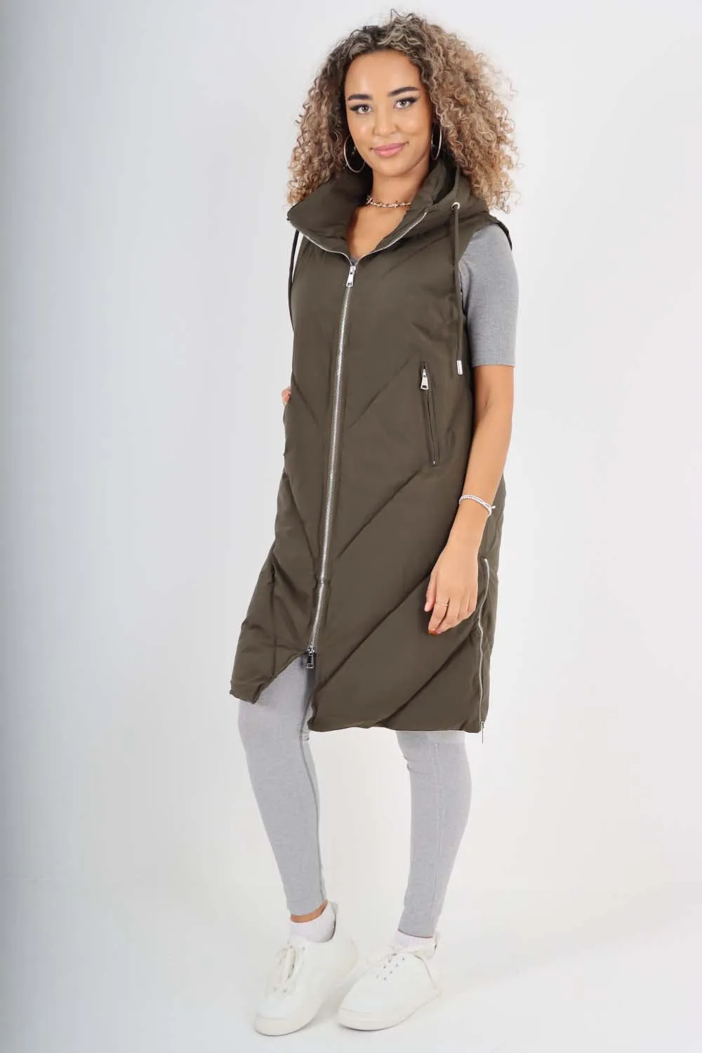 Italian Padded Pockets Hooded Zip up Long Gilet