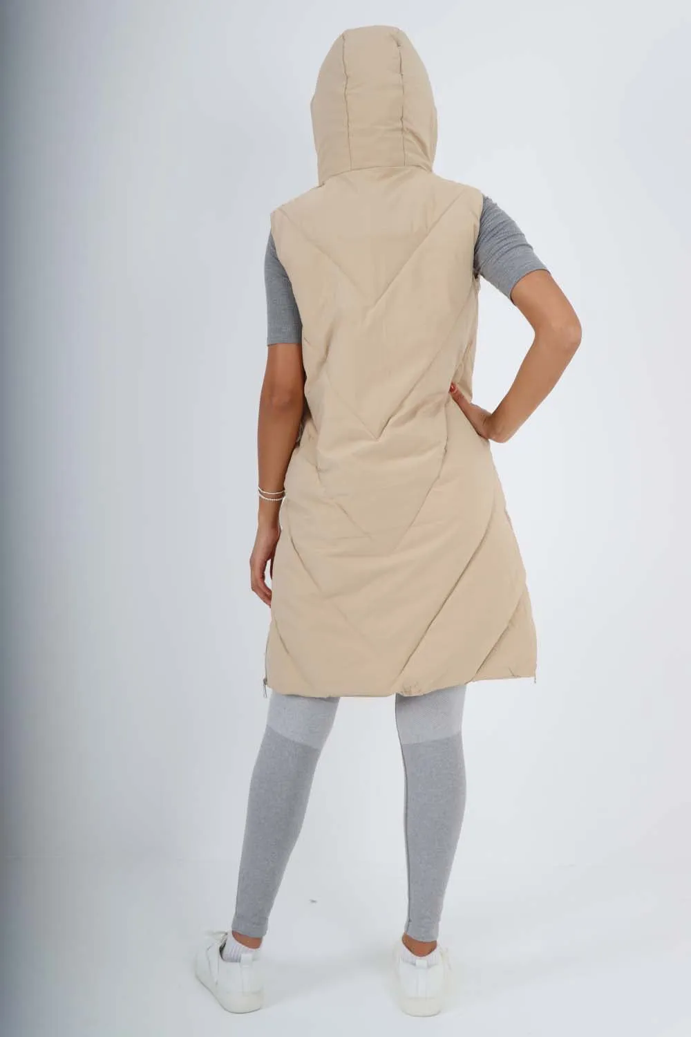 Italian Padded Pockets Hooded Zip up Long Gilet