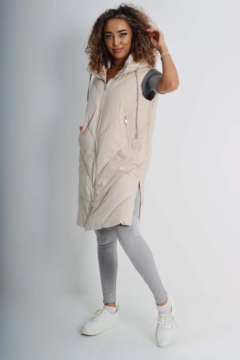 Italian Padded Pockets Hooded Zip up Long Gilet
