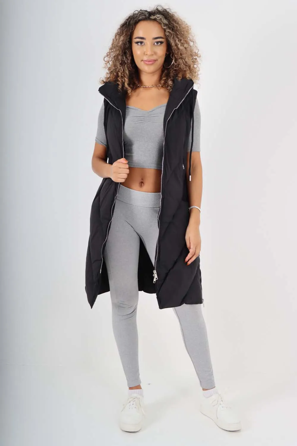 Italian Padded Pockets Hooded Zip up Long Gilet