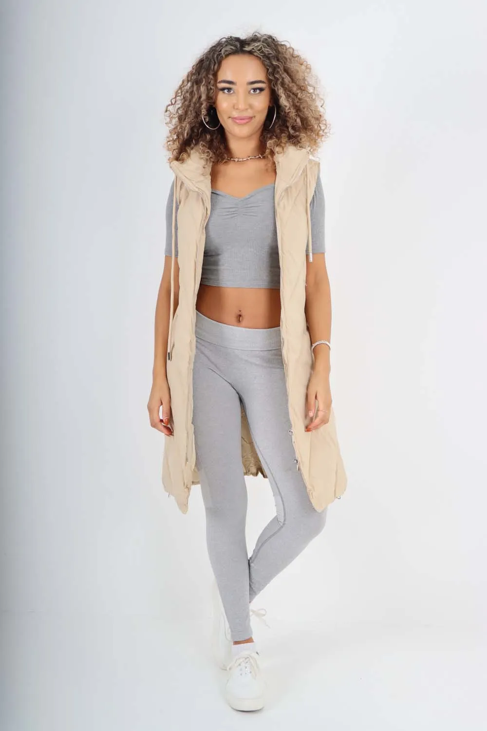Italian Padded Pockets Hooded Zip up Long Gilet