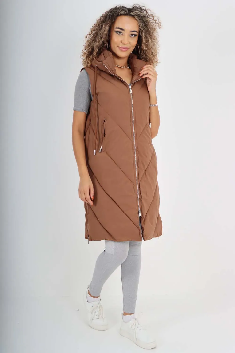 Italian Padded Pockets Hooded Zip up Long Gilet