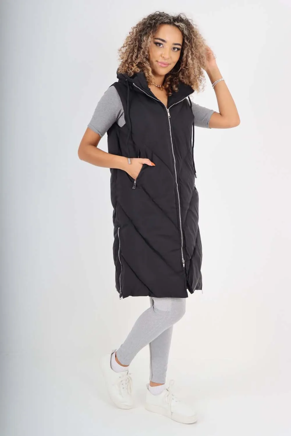 Italian Padded Pockets Hooded Zip up Long Gilet