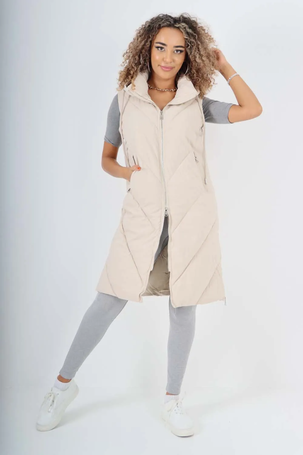 Italian Padded Pockets Hooded Zip up Long Gilet