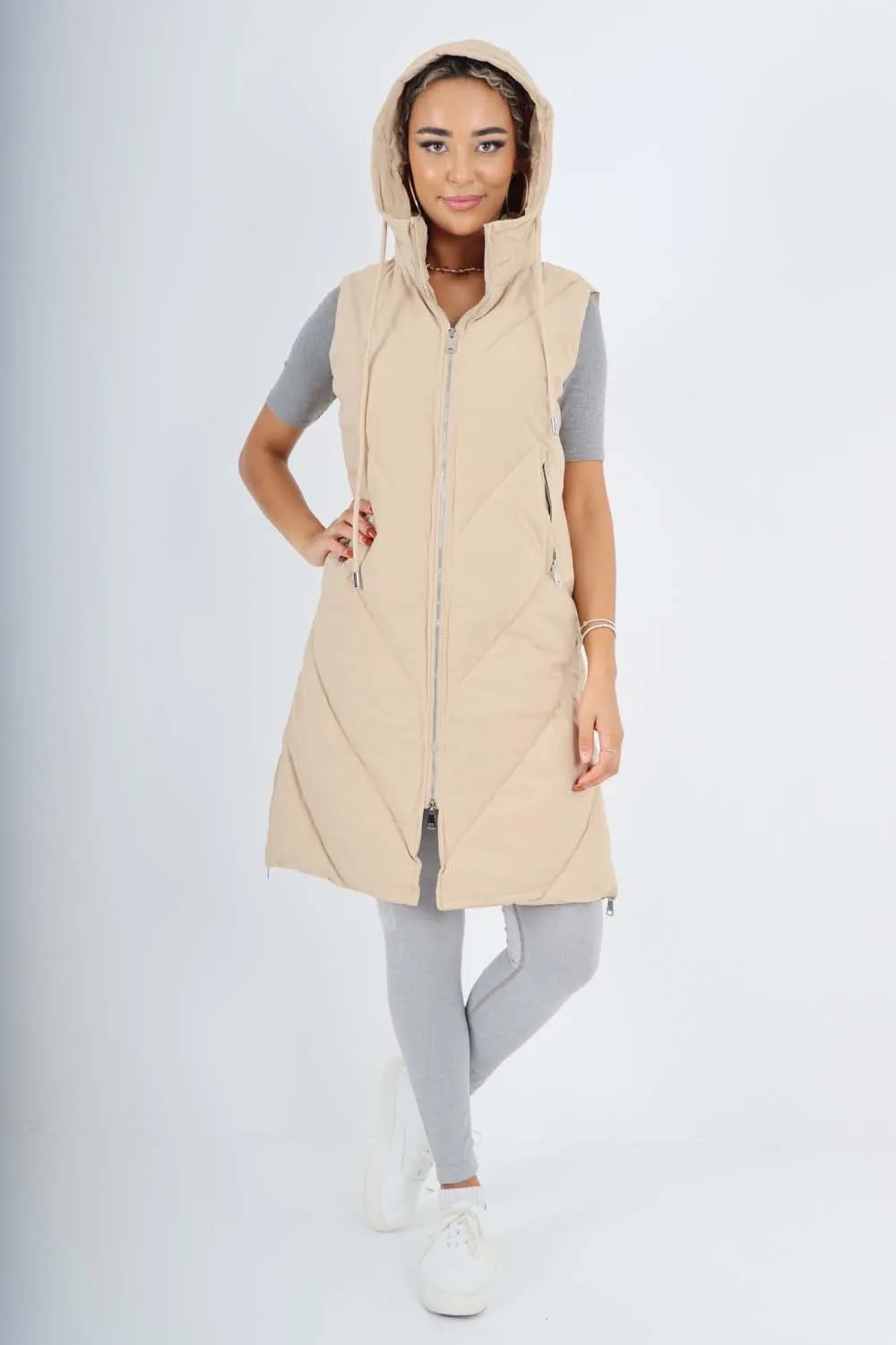Italian Padded Pockets Hooded Zip up Long Gilet