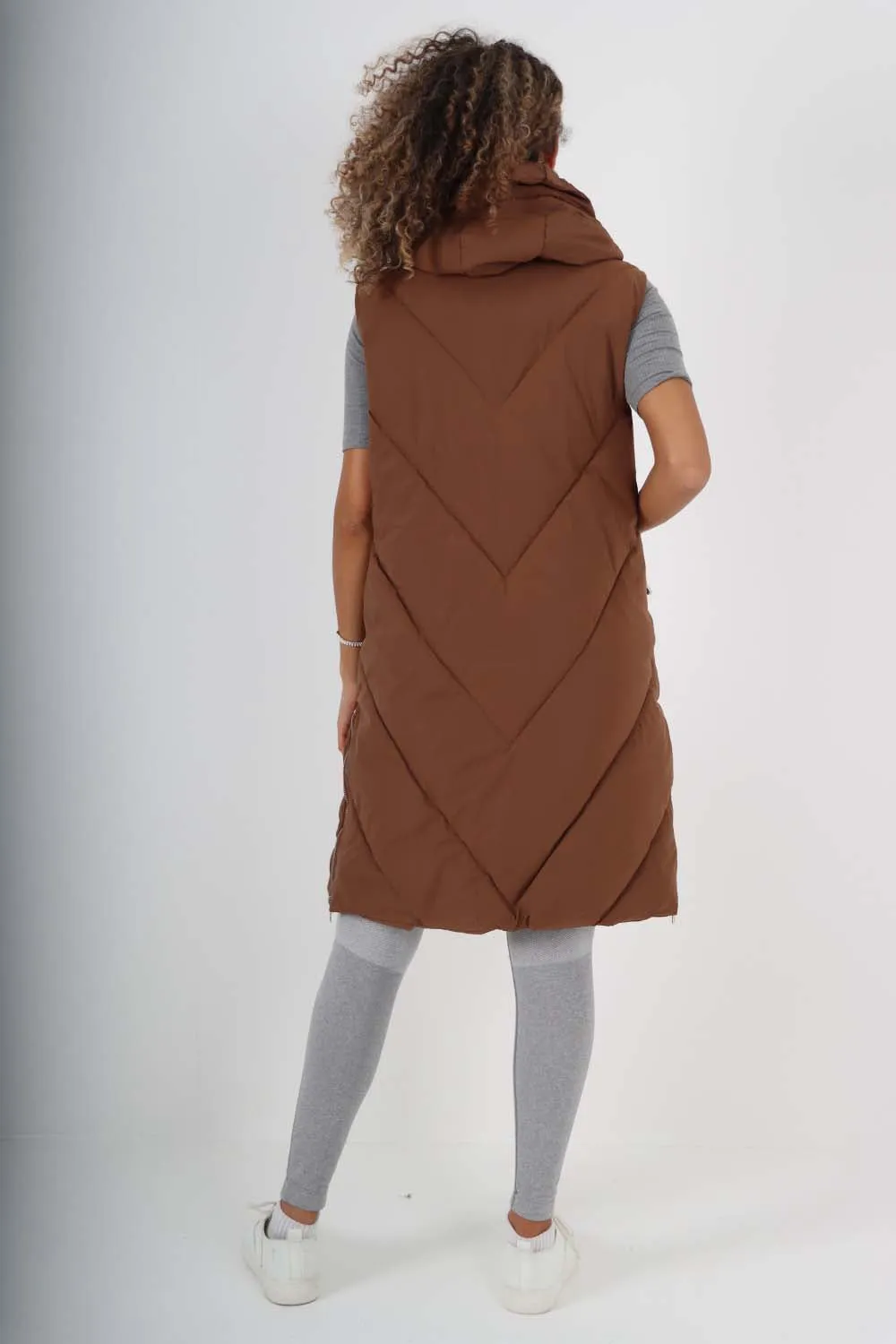 Italian Padded Pockets Hooded Zip up Long Gilet