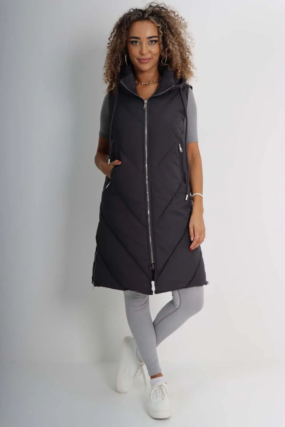 Italian Padded Pockets Hooded Zip up Long Gilet