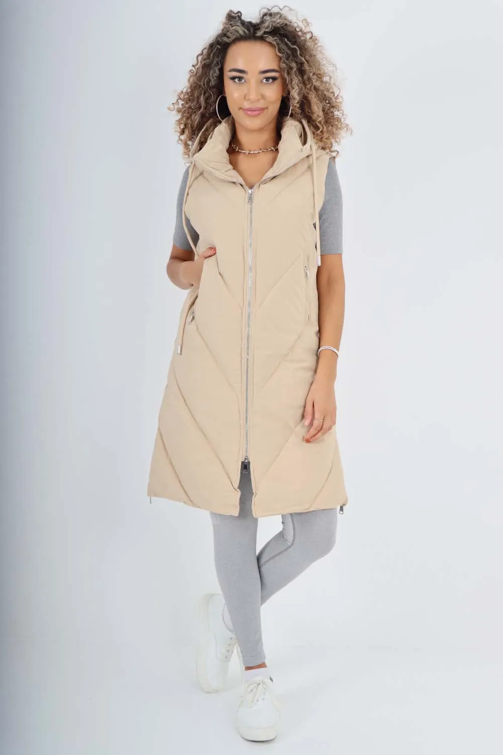 Italian Padded Pockets Hooded Zip up Long Gilet