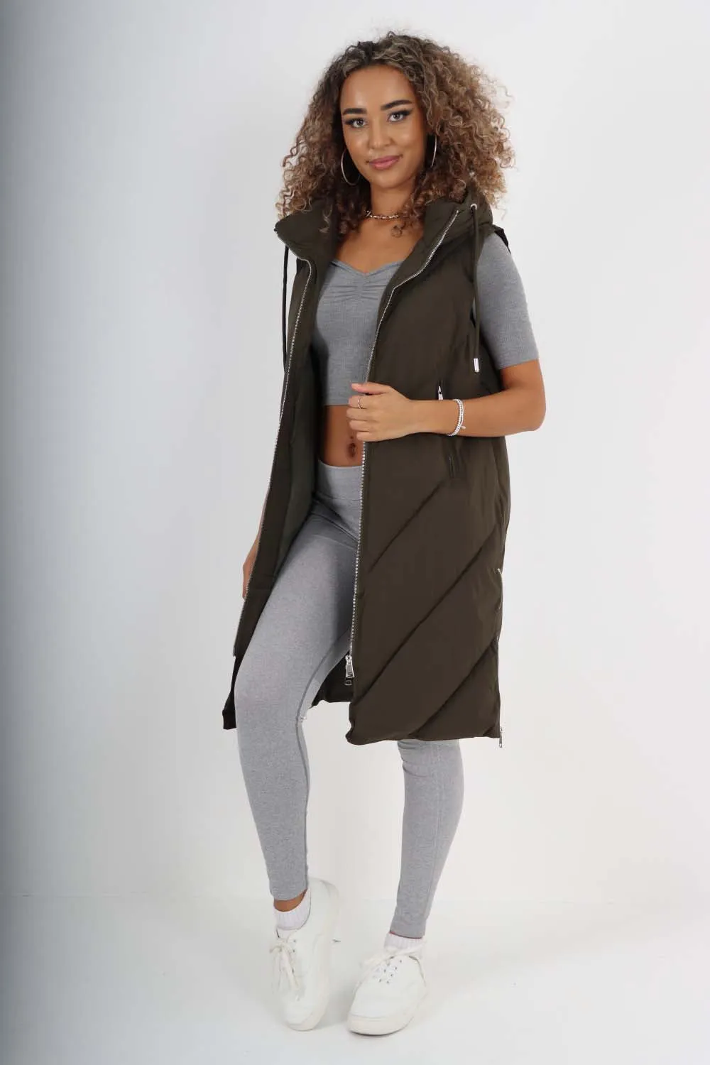 Italian Padded Pockets Hooded Zip up Long Gilet