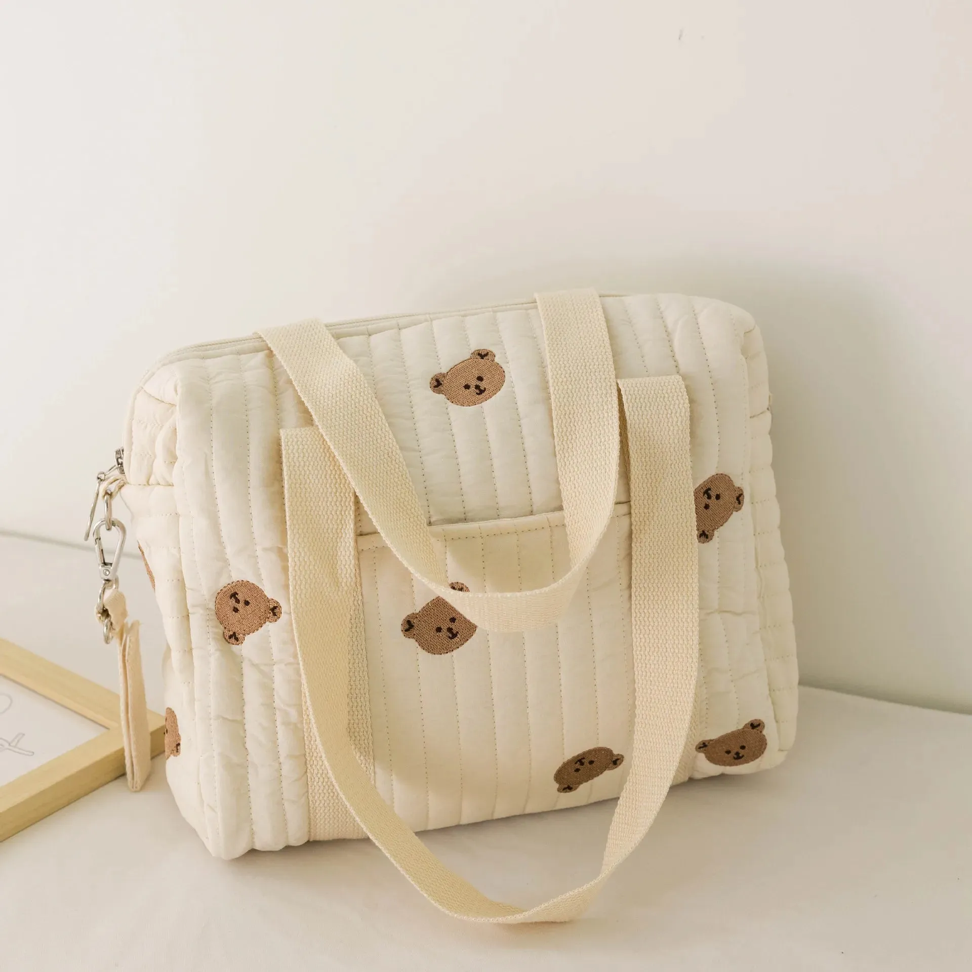 Kawaii Bear Embroidered Baby Diaper Bag 🐻💕 | Stylish Quilted Mummy Messenger Bag for Newborn Care & Stroller Storage 🌈✨