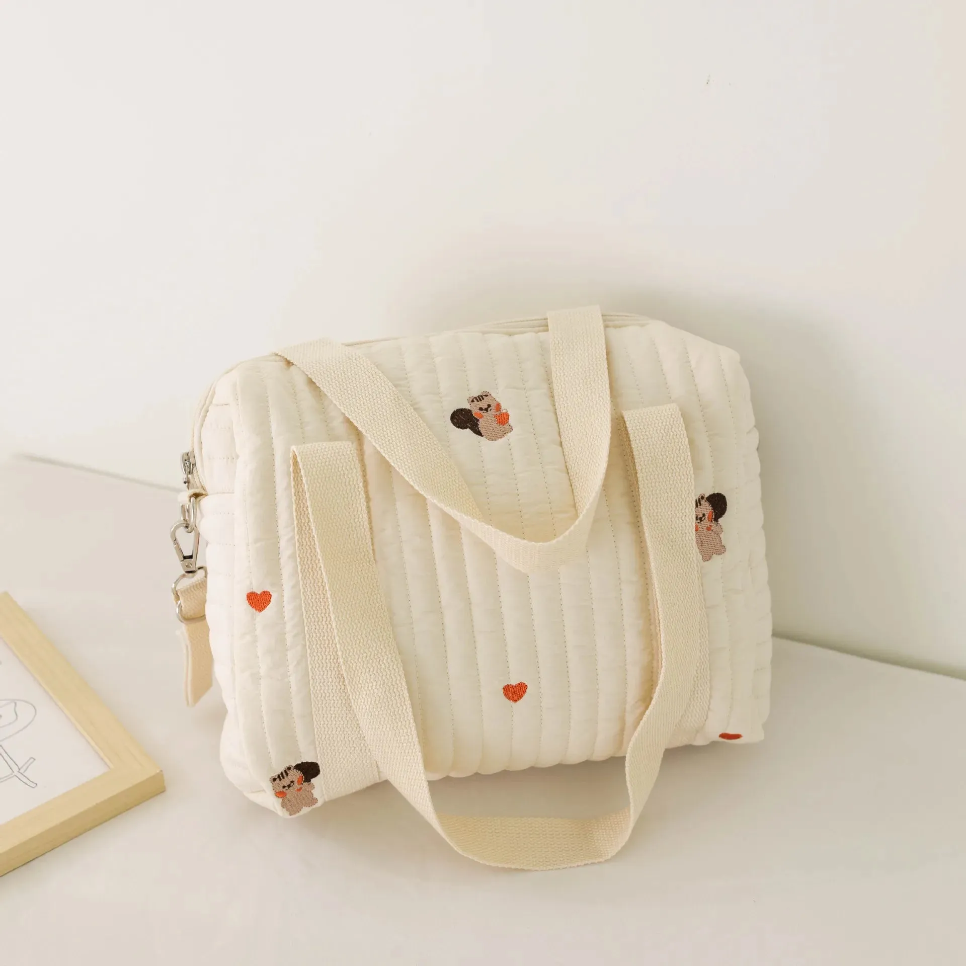 Kawaii Bear Embroidered Baby Diaper Bag 🐻💕 | Stylish Quilted Mummy Messenger Bag for Newborn Care & Stroller Storage 🌈✨