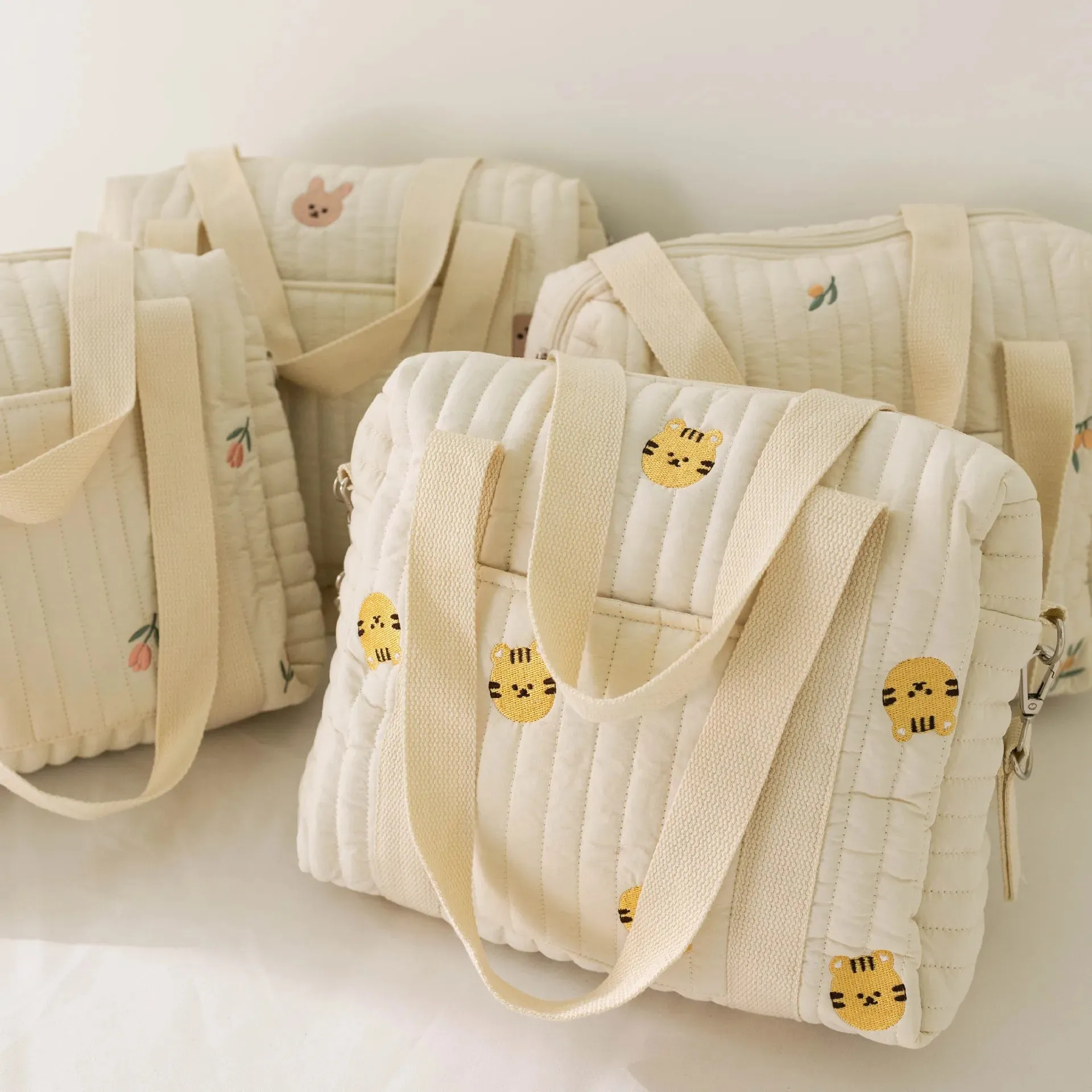 Kawaii Bear Embroidered Baby Diaper Bag 🐻💕 | Stylish Quilted Mummy Messenger Bag for Newborn Care & Stroller Storage 🌈✨