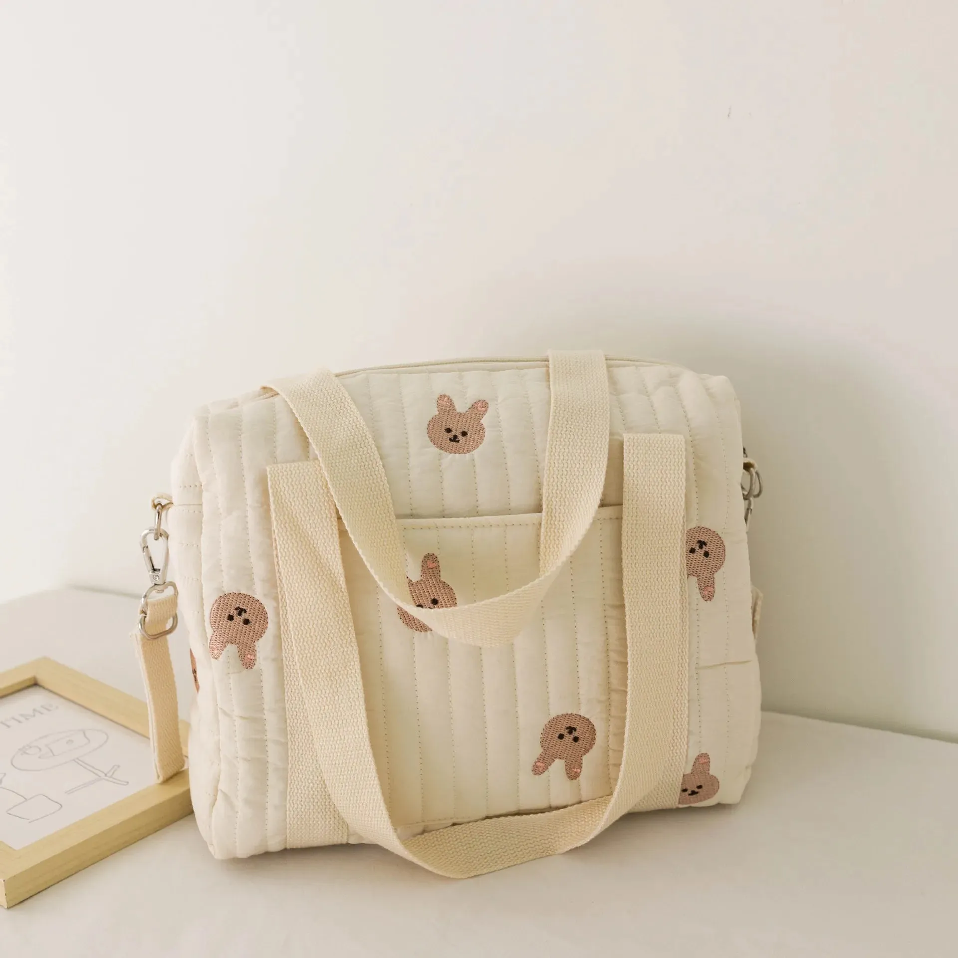 Kawaii Bear Embroidered Baby Diaper Bag 🐻💕 | Stylish Quilted Mummy Messenger Bag for Newborn Care & Stroller Storage 🌈✨
