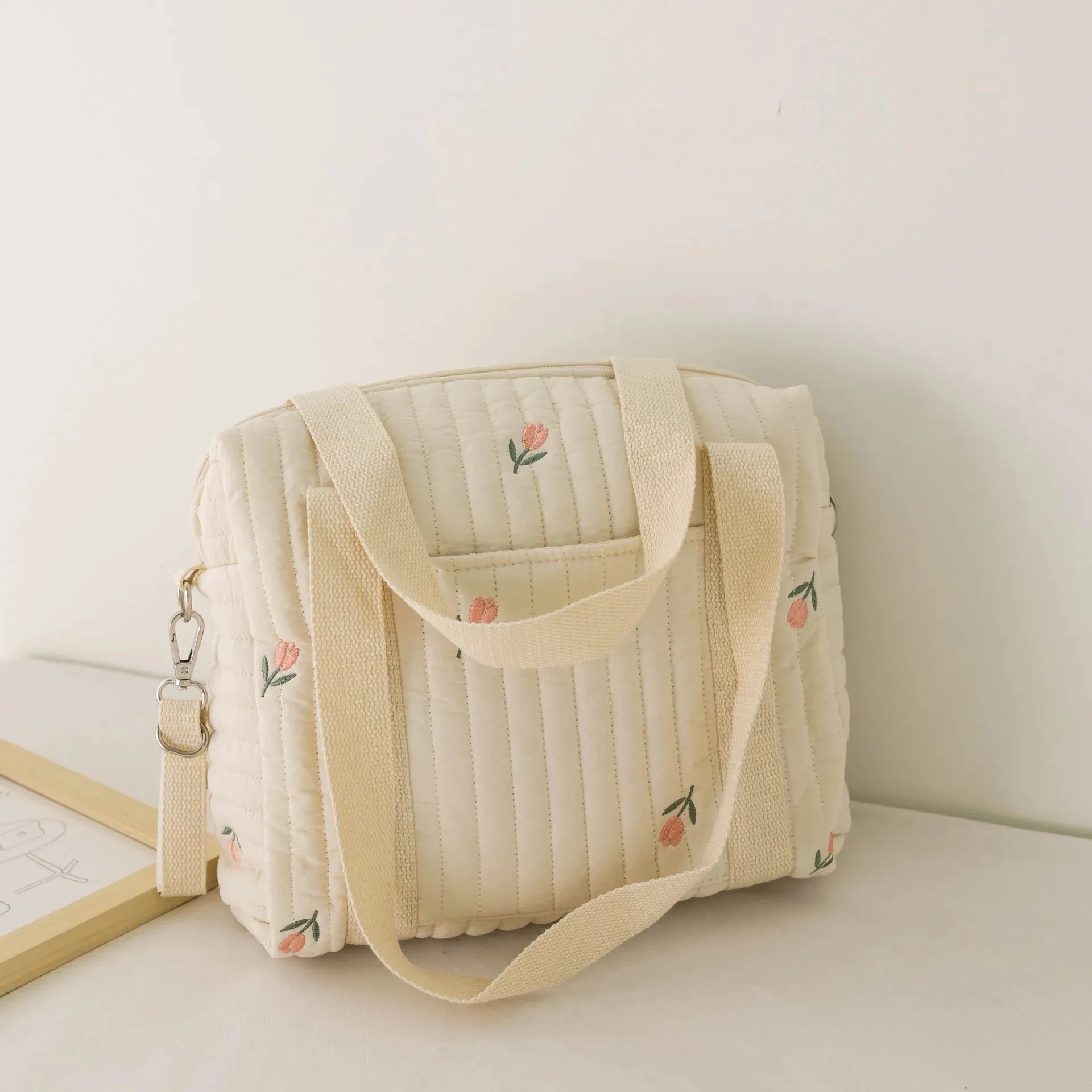 Kawaii Bear Embroidered Baby Diaper Bag 🐻💕 | Stylish Quilted Mummy Messenger Bag for Newborn Care & Stroller Storage 🌈✨