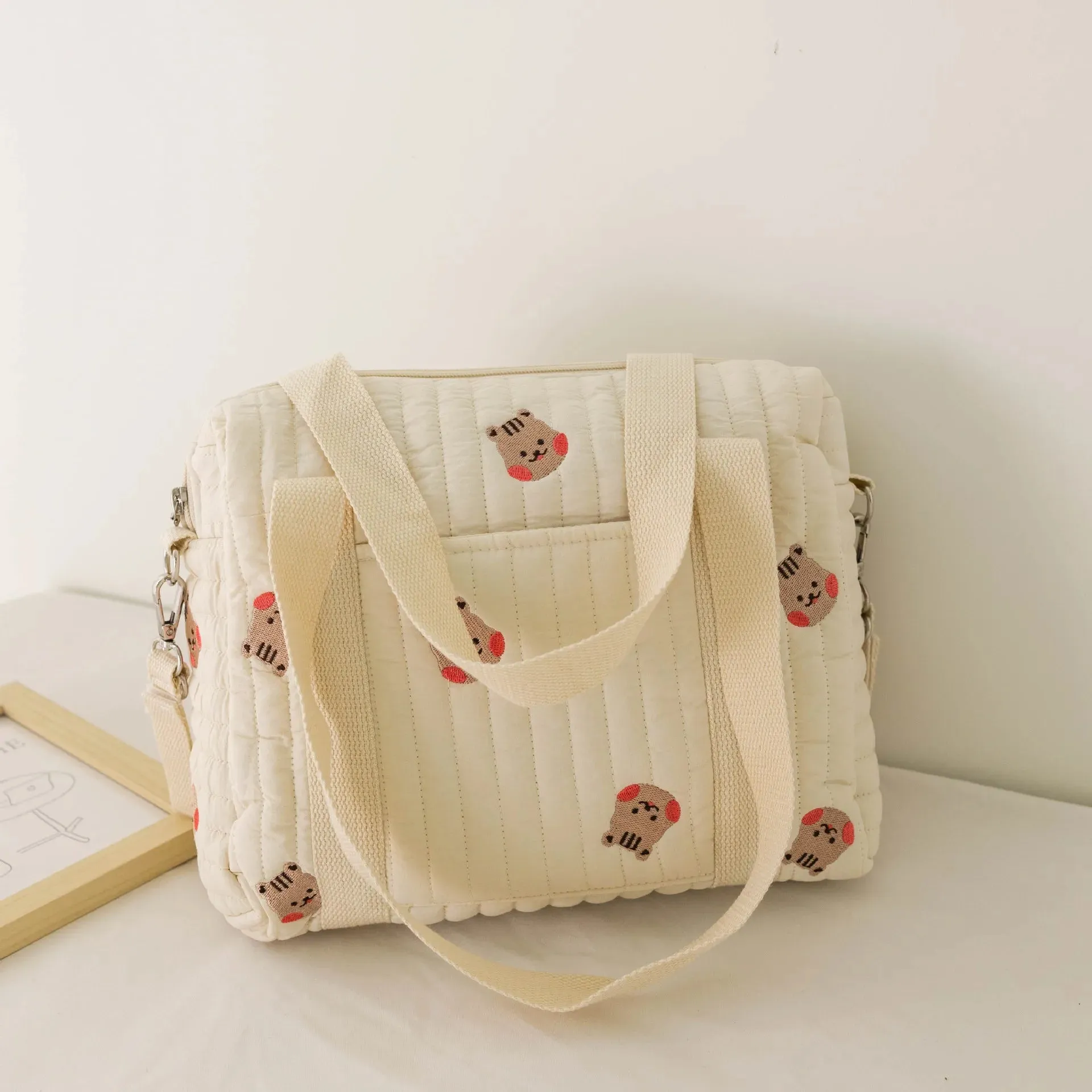 Kawaii Bear Embroidered Baby Diaper Bag 🐻💕 | Stylish Quilted Mummy Messenger Bag for Newborn Care & Stroller Storage 🌈✨