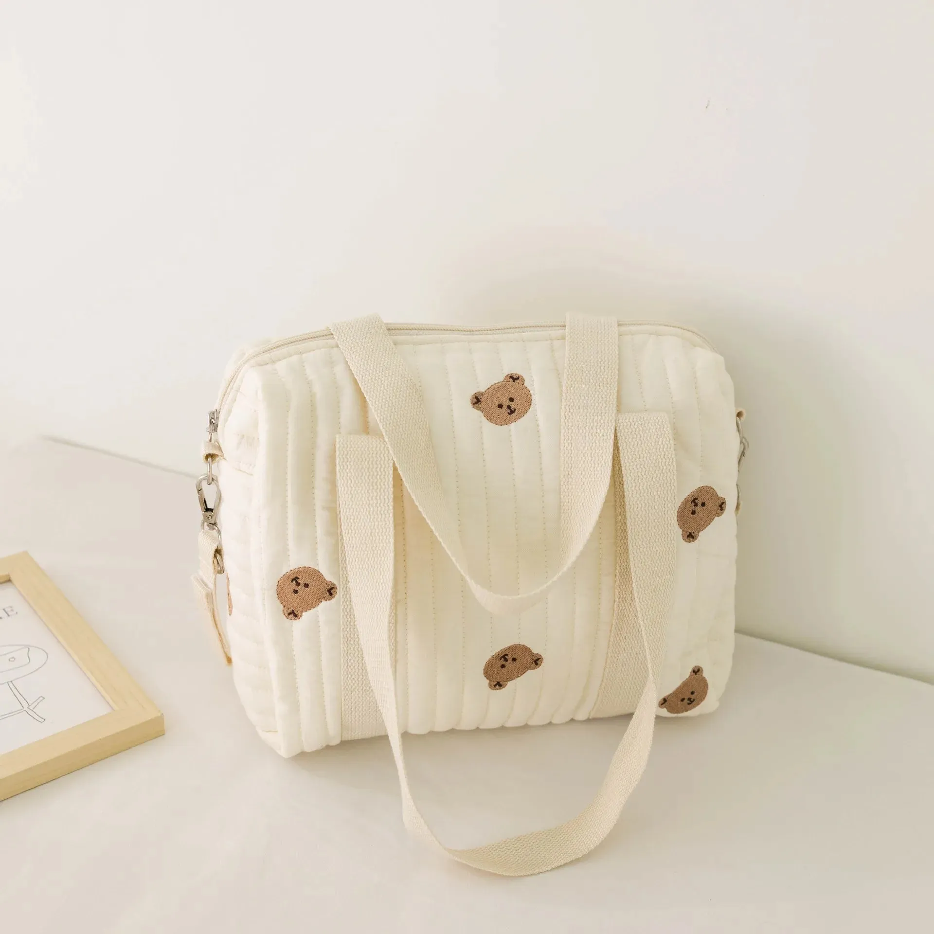 Kawaii Bear Embroidered Baby Diaper Bag 🐻💕 | Stylish Quilted Mummy Messenger Bag for Newborn Care & Stroller Storage 🌈✨