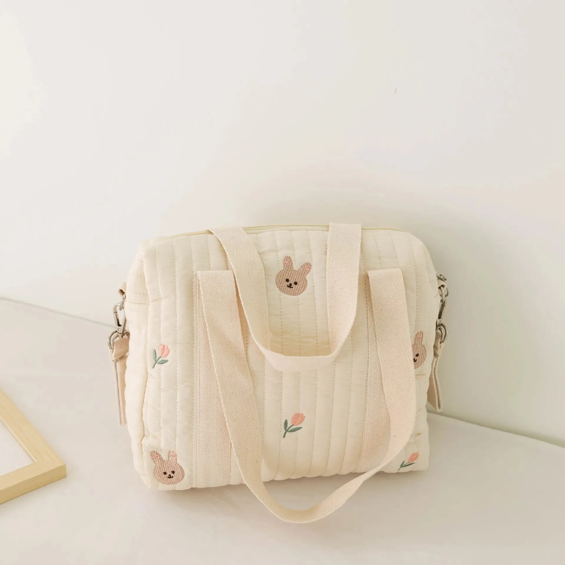 Kawaii Bear Embroidered Baby Diaper Bag 🐻💕 | Stylish Quilted Mummy Messenger Bag for Newborn Care & Stroller Storage 🌈✨