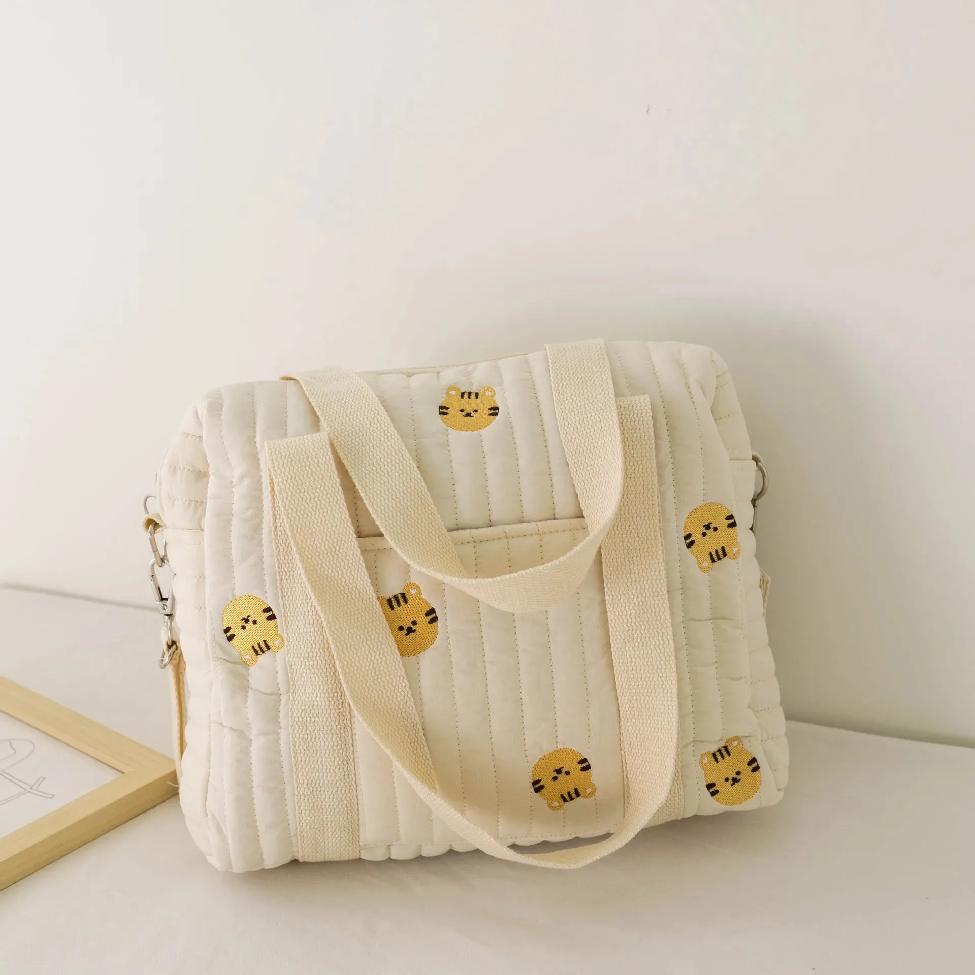 Kawaii Bear Embroidered Baby Diaper Bag 🐻💕 | Stylish Quilted Mummy Messenger Bag for Newborn Care & Stroller Storage 🌈✨