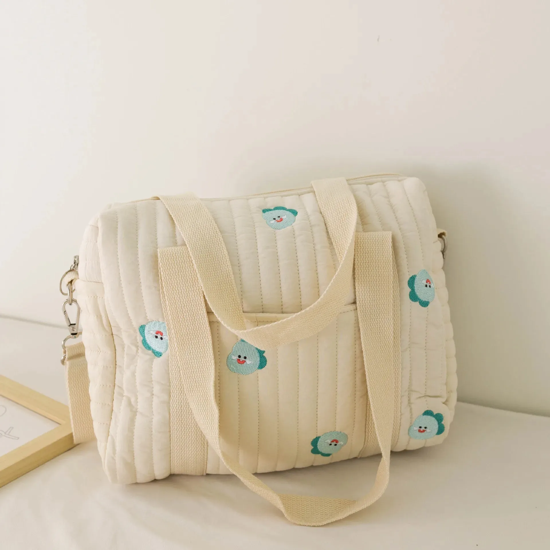 Kawaii Bear Embroidered Baby Diaper Bag 🐻💕 | Stylish Quilted Mummy Messenger Bag for Newborn Care & Stroller Storage 🌈✨