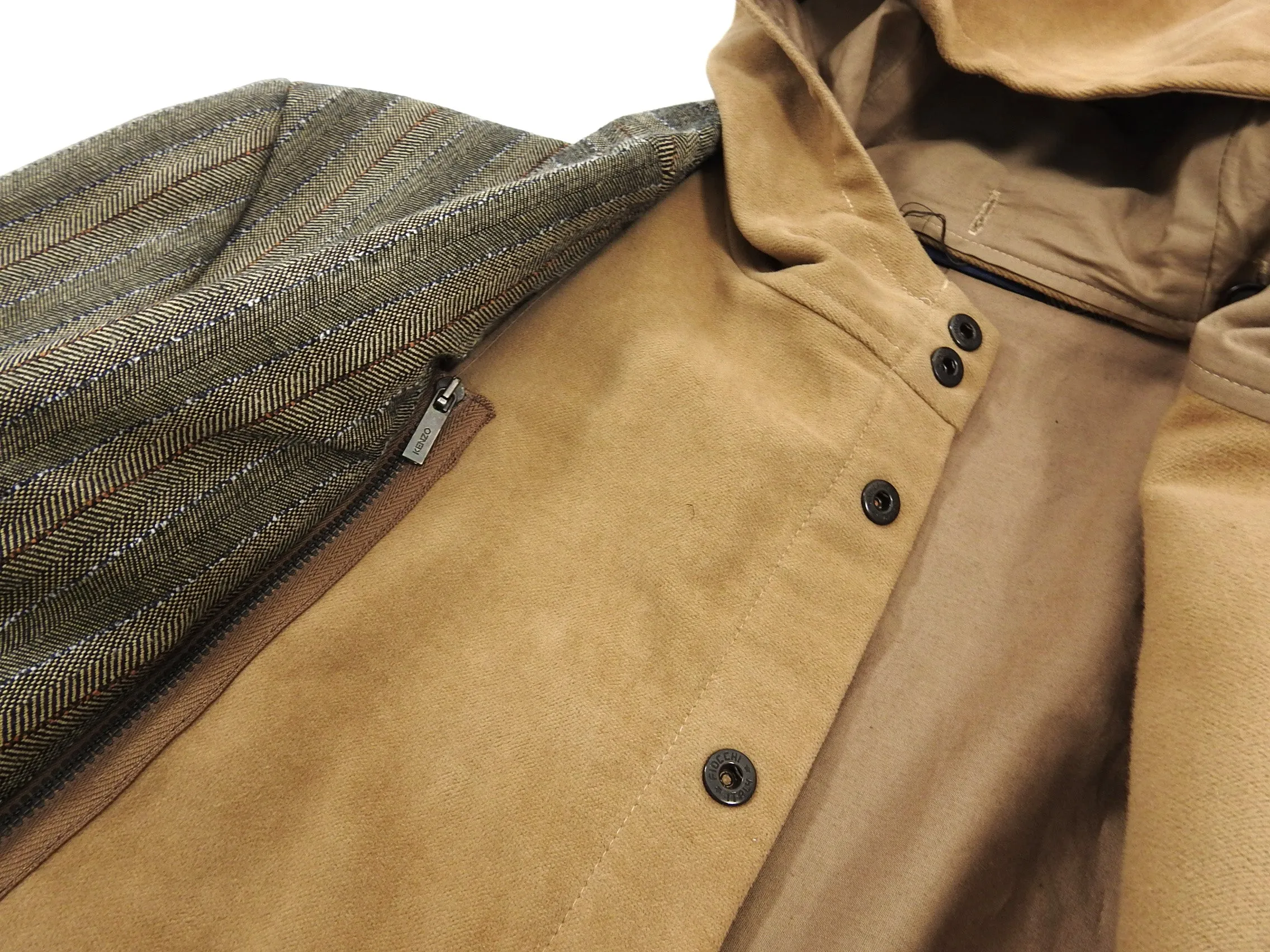 Kenzo Tan Herringbone Blazer with Detachable Hood - XL