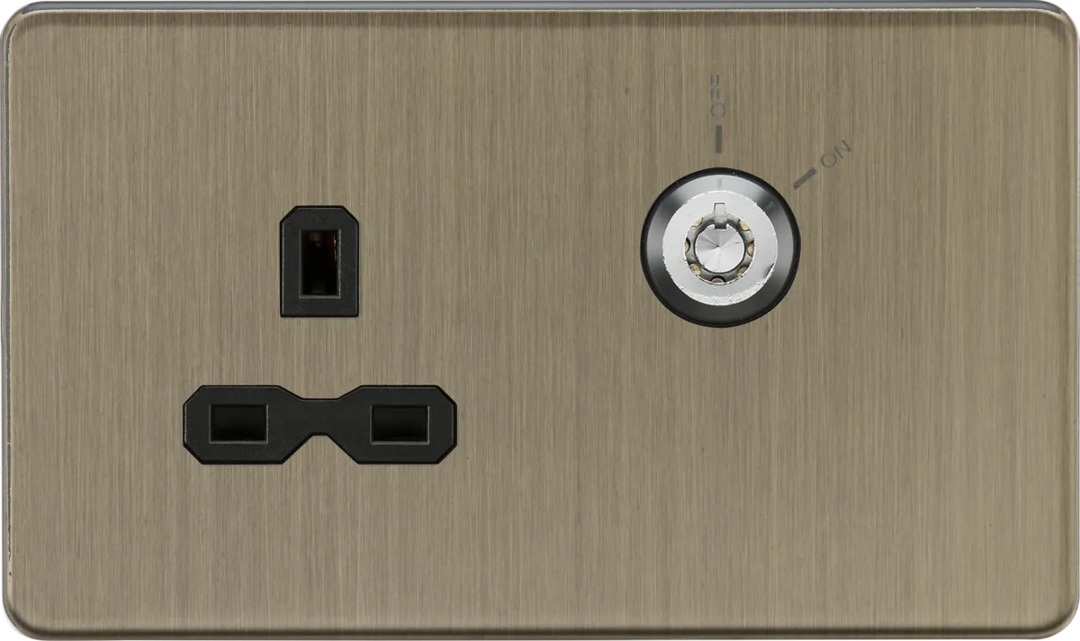 Knightsbridge SFR9LOCKAB Screwless 13A 1G DP Lockable Socket - Antique Brass   Black Insert