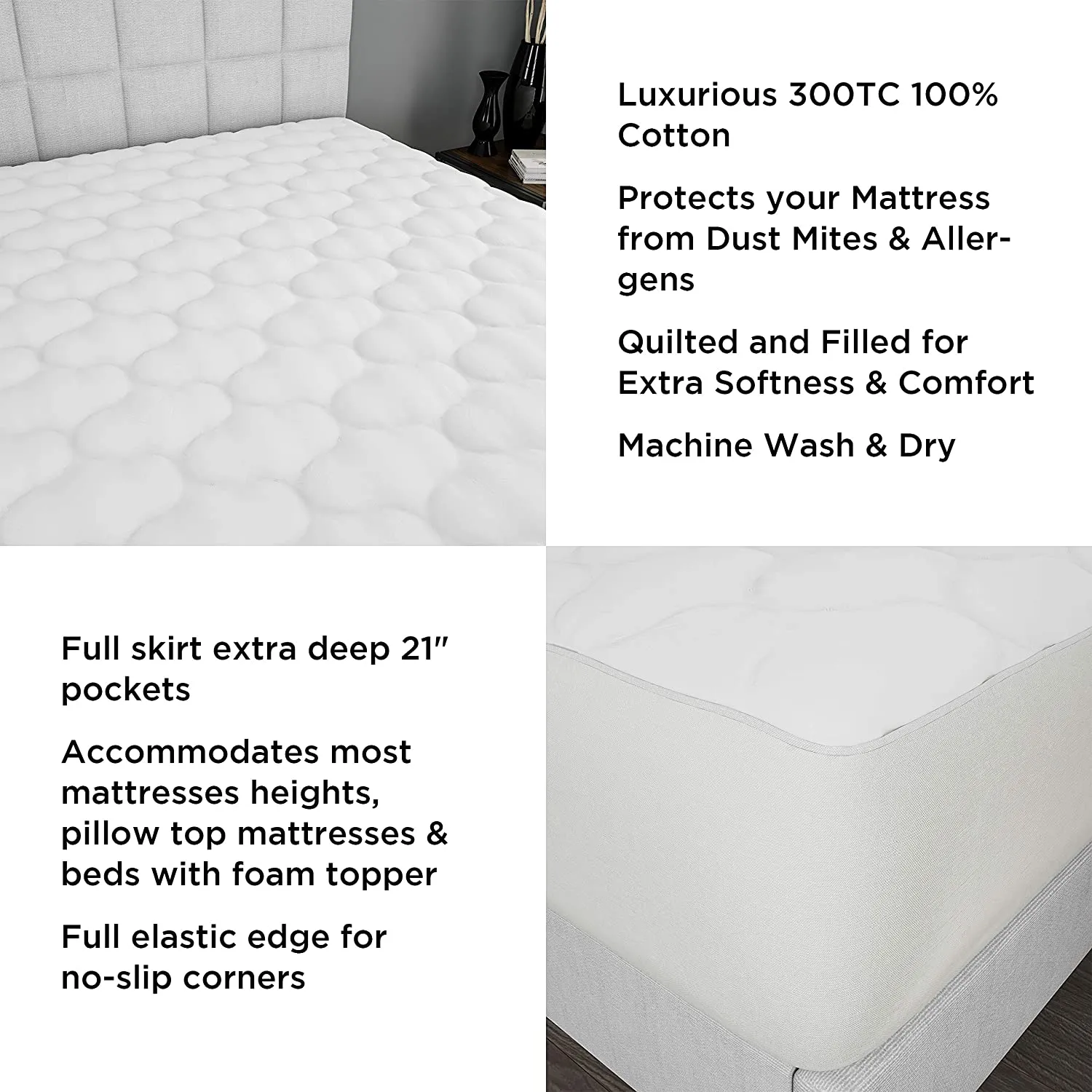 Lavish Home Padded Mattress Cover-100% Cotton Twin XL Overstuffed Bed Protector Topper for Allergens, Mites-Fitted No Slip Corners, Fits 21" Deep! Retails $85 