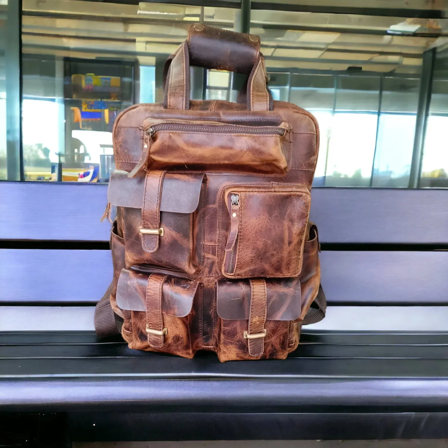 Leather Backpack for Men 7-Pocket Backpacks for Adults Traveling & Hiking 1 Peice