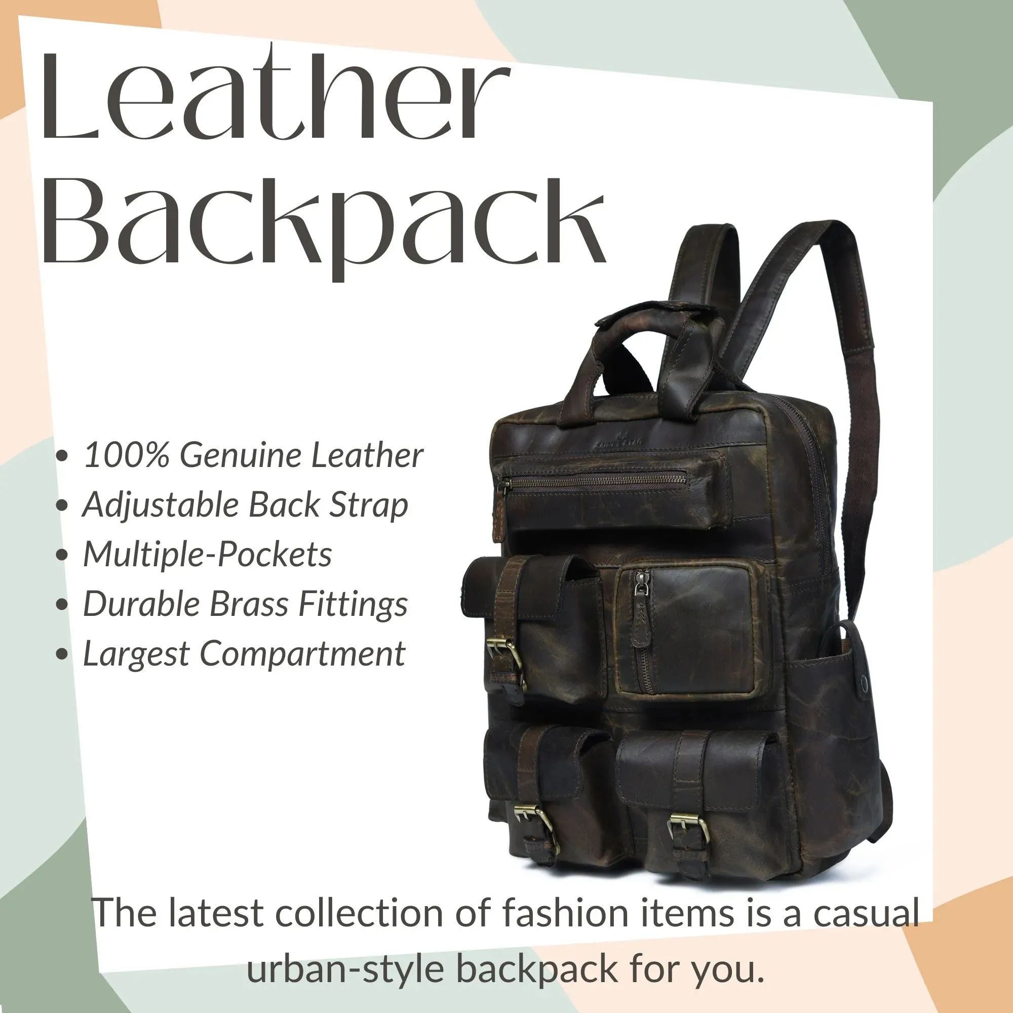 Leather Backpack for Men 7-Pocket Backpacks for Adults Traveling & Hiking 1 Peice