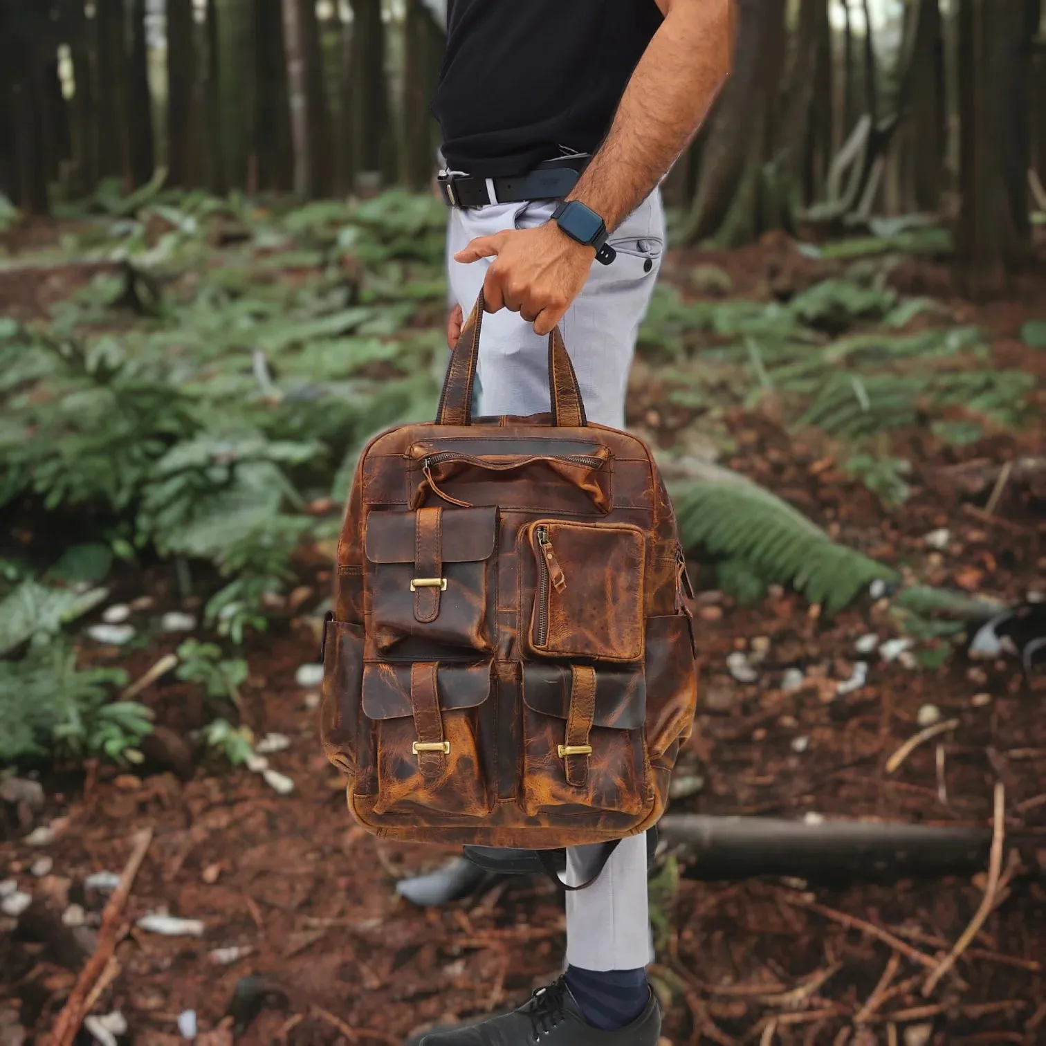 Leather Backpack for Men 7-Pocket Backpacks for Adults Traveling & Hiking 1 Peice