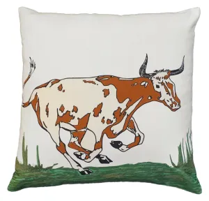 Longhorn Cow 20"x20" Cotton Embroidered Pillow