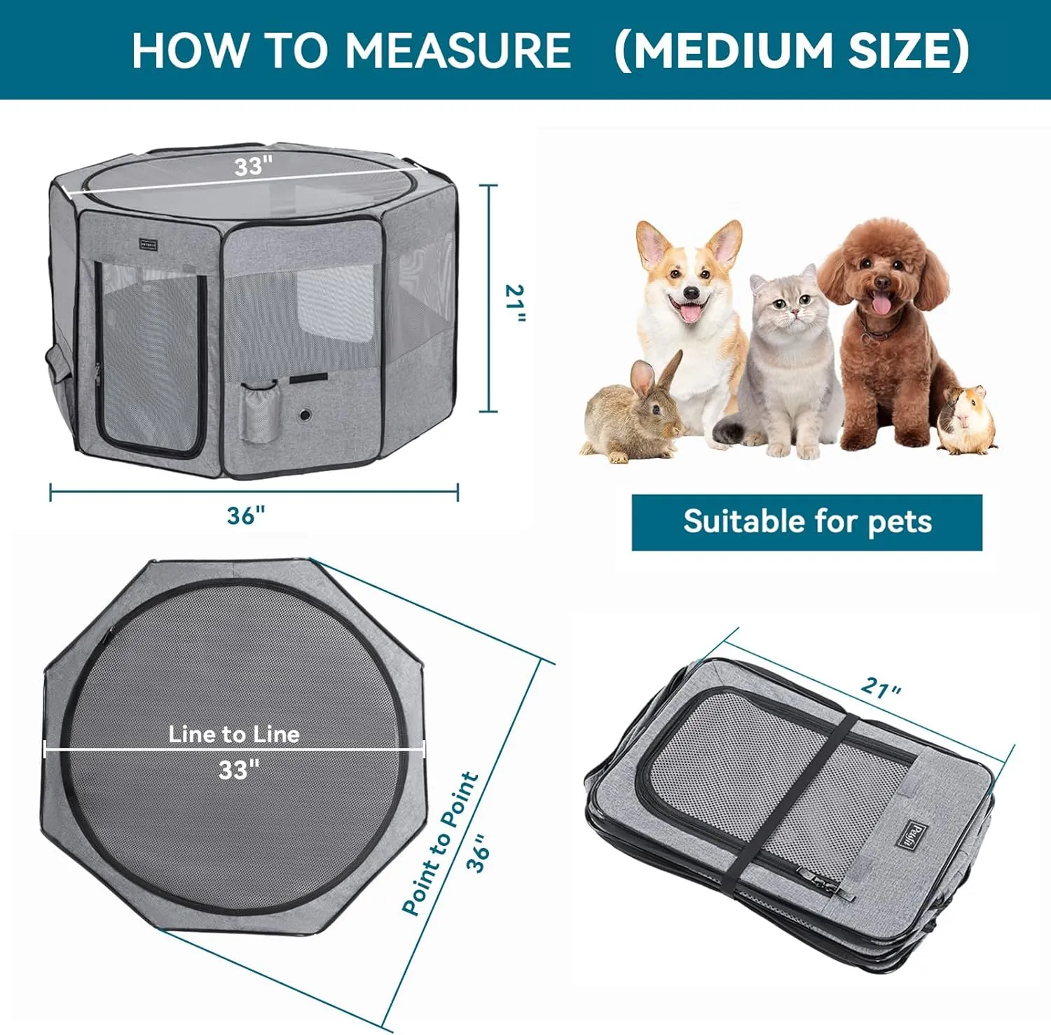 NEW Petsfit Top and Bottom Zipper Pop Up Dog Playpen for Travel and Camping, 33" Diameter x 21" Height, Retails $110 