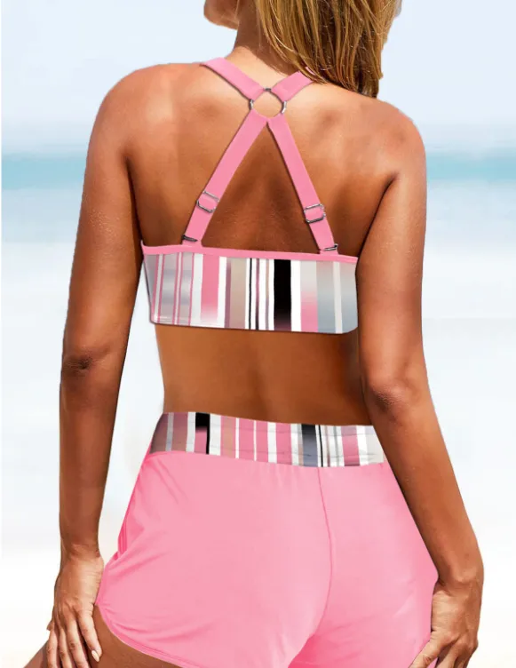 NEW Retails $100 MODLILY Metal Ring Geometric Print Pink Bikini Set Sz L