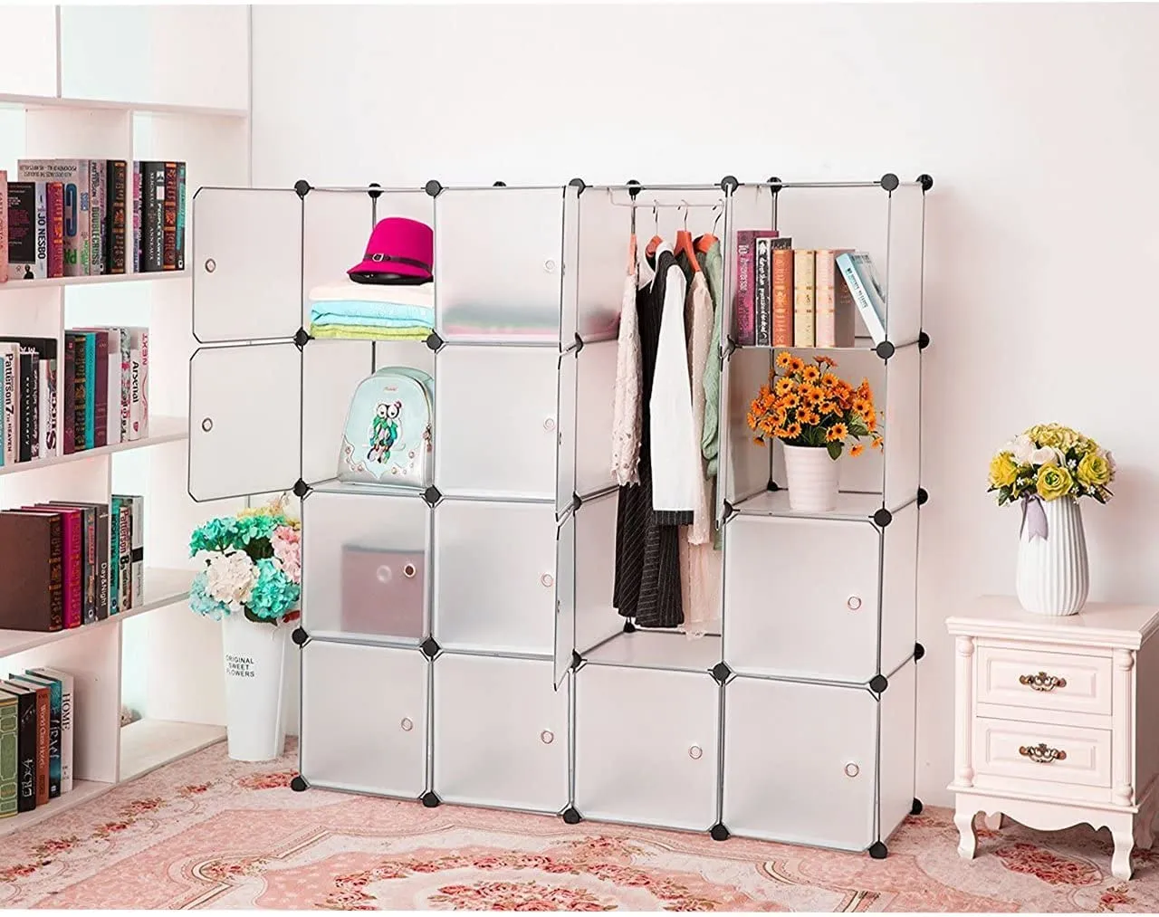 New Tamson SortWise 16 Cube Multi-Use DIY Plastic Portable Wardrobe Closet Organizer with Hanging Rod, Bookcase, Storage Cabinet, Wardrobe Closet, Space Saving & Sturdy Construction (Transparent)