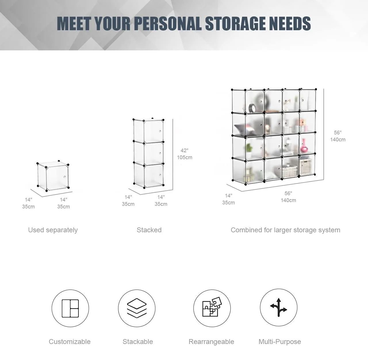 New Tamson SortWise 16 Cube Multi-Use DIY Plastic Portable Wardrobe Closet Organizer with Hanging Rod, Bookcase, Storage Cabinet, Wardrobe Closet, Space Saving & Sturdy Construction (Transparent)