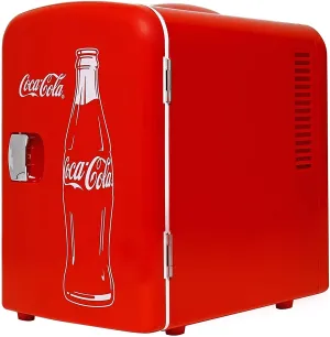 New Vintage Style Coca-Cola Classic Red Portable 6 Can Thermoelectric Mini Fridge Cooler/Warmer, 4 L/4.2 Quarts Capacity, 12V DC/110V AC for home, dorm, car, boat, beverages, snacks, skincare, cosmetics, medication