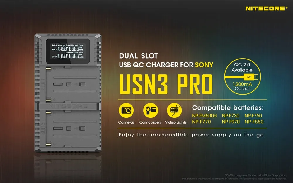 Nitecore USN3 Pro Dual-Slot USB Charger, for Sony Camera Batteries